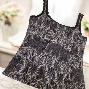 WHBM Black/Silver Brocade Corset Style Square Neck Lace Trim Cami Tank Top. XL.
